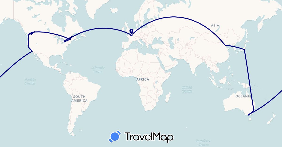 TravelMap itinerary: driving in Australia, Canada, China, France, Japan, United States (Asia, Europe, North America, Oceania)
